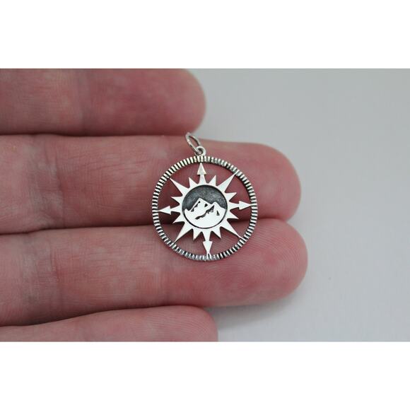 Sterling Silver Compass Pendant with Mountain Center Charm - Picture 1 of 10
